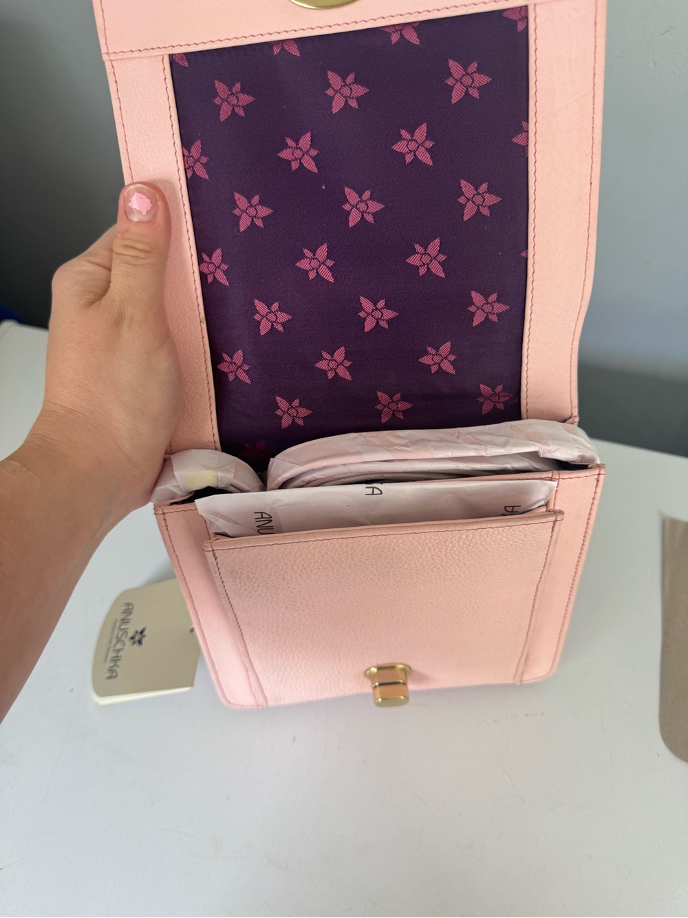 NWT Anuschka Pink Leather Hand-Painted Dragonfly Floral Crossbody Bag - Picture 6 of 7
